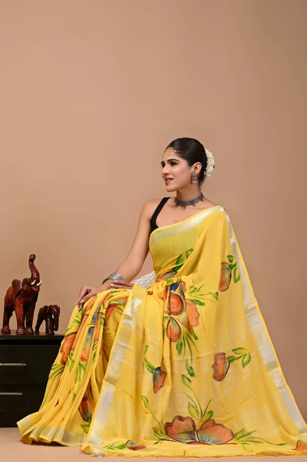 Sunshine Yellow  Bagru Hand Block Printend Soft Linen Fabric Saree